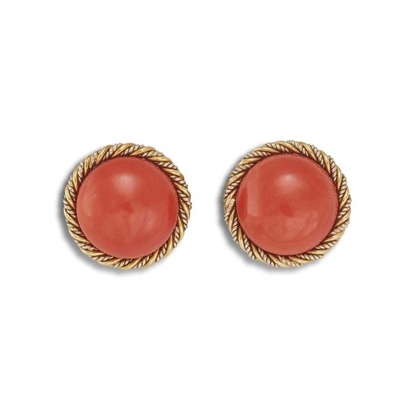 BULGARI CORAL STUD EARRINGS IN 18KT TWO TONE GOLD