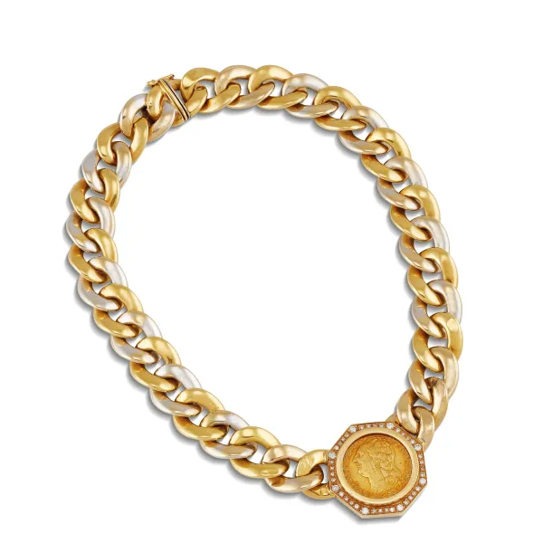 



CURB CHAIN NECKLACE IN 18KT TWO TONE GOLD WITH A COIN