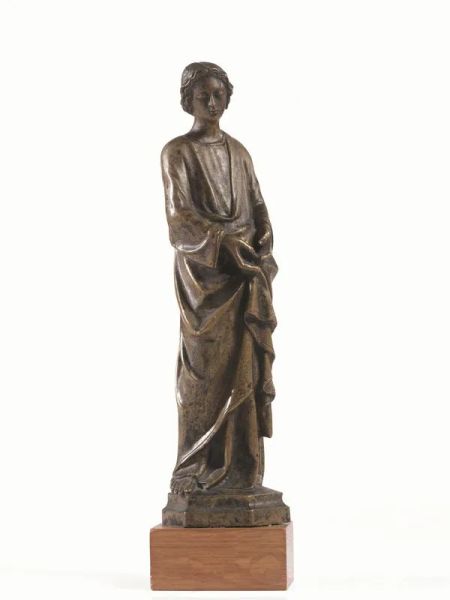Bronzetto, sec. XV, raffigurante apostolo stante, alt. cm 22,5, poggiante su base in legno