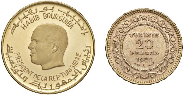 



TUNISIA. DUE MONETE (5 DINARI 1967 E 20 FRANCHI 1892)
