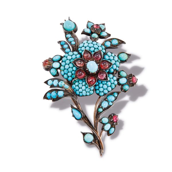 TURQUOISE AND SEMIPRECIOUS STONES FLORAL BROOCH IN SILVER AND 18KT ROSE GOLD