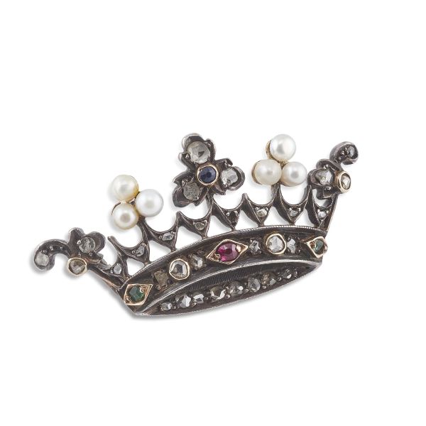 



MULTI GEM AND PEARL CROWN BROOCH IN SILVER AND GOLD