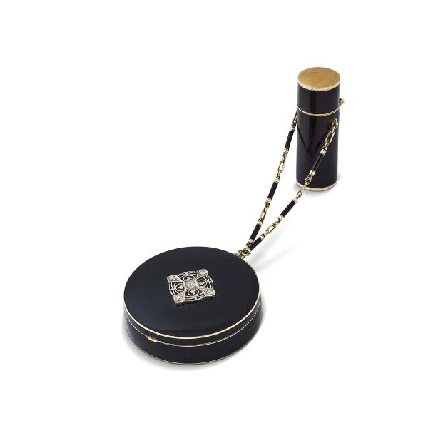 POWDER CASE WITH A PERFUME HOLDER IN 14KT GOLD AND BLACK ENAMEL