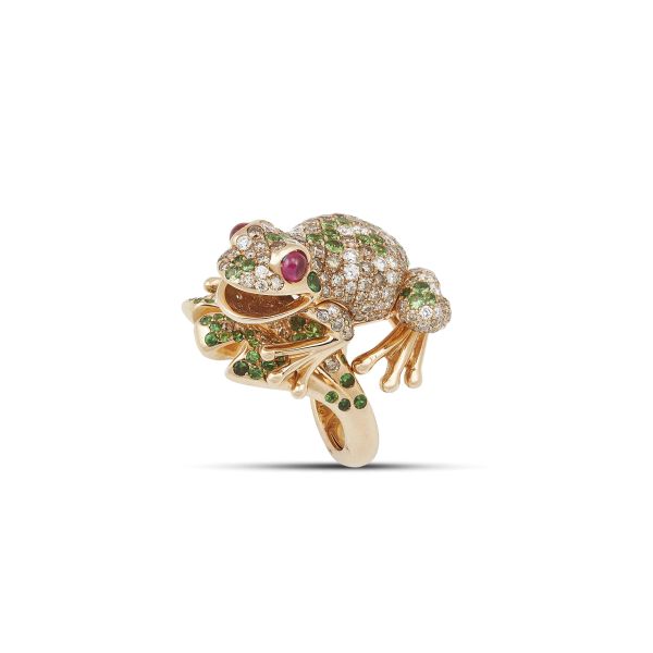FROG-SHAPED MULTI GEM RING IN 18KT YELLOW GOLD