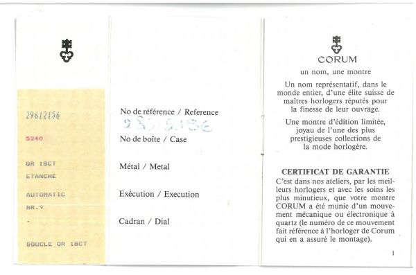 CORUM SQUARE REF. 296.121.56 IN ORO GIALLO ANNO 1994