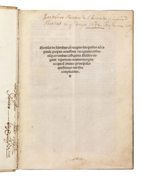 (Medicina - Post-Incunaboli)   Gentile da Foligno.   De febribus  . Venetijs, per Georgium Arriuabenum mandato & impensis Octauani Scoti, 1514.