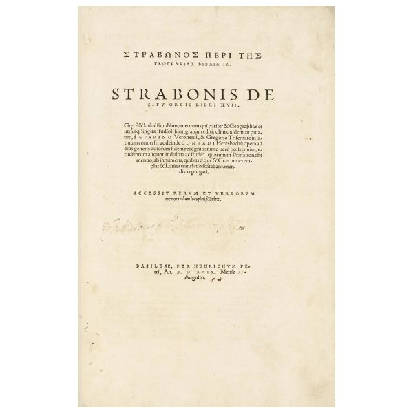 Prima edizione con il testo sia in latino che in greco, basata sull'edizione aldina del 1516