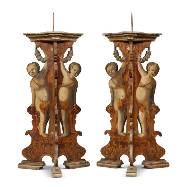 



A PAIR OF CENTRAL ITALY LARGE CANDLE HOLDERS, 18TH CENTURY