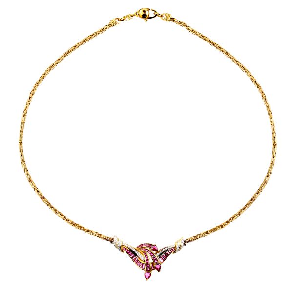 SYNTHETIC RUBY AND DIAMOND NECKLACE IN 18KT YELLOW GOLD