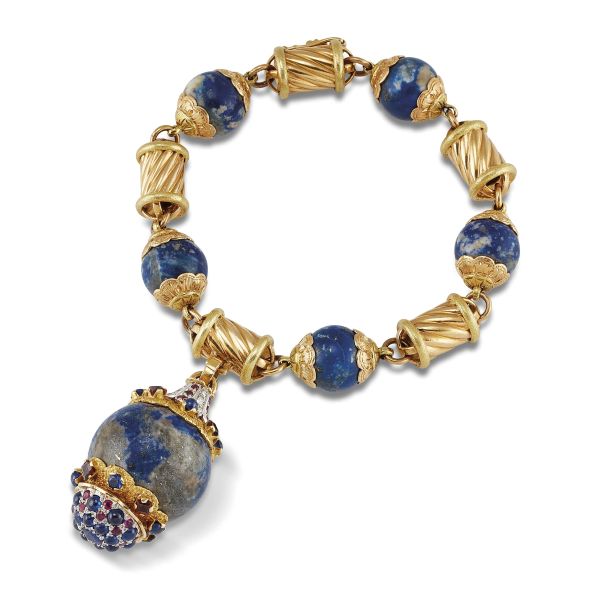 Cazzaniga - CAZZANIGA LAPISLAZULI MULTI GEM CHAIN BRACELET IN 18KT TWO TONE GOLD