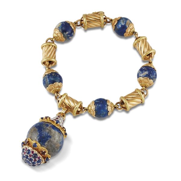 CAZZANIGA LAPISLAZULI MULTI GEM CHAIN BRACELET IN 18KT TWO TONE GOLD