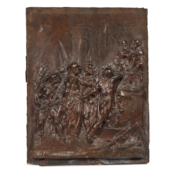 Tuscan, 17th century, A relief representing Christ before Pilate, leather on wood, 66x51x4 cm