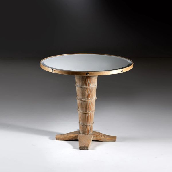 LOW TABLE, WOODEN STRUCTURE, MIRRORED TOP, METAL DETAILS 