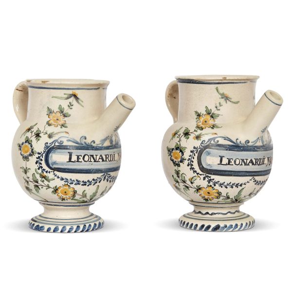 A PAIR OF SPOUTED PHARMACY JARS, PESARO, SECOND HALF 18TH CENTURY