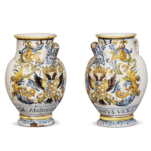A PAIR OF EWERS, CASTELLI D'ABRUZZO, WORKSHOP OF BERARDINO GENTILI IL VECCHIO, 1650-1670