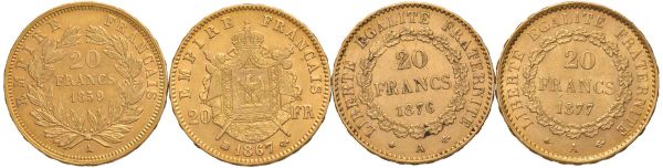 FRANCIA. QUATTRO MONETE D&rsquo;ORO DA 20 FRANCHI