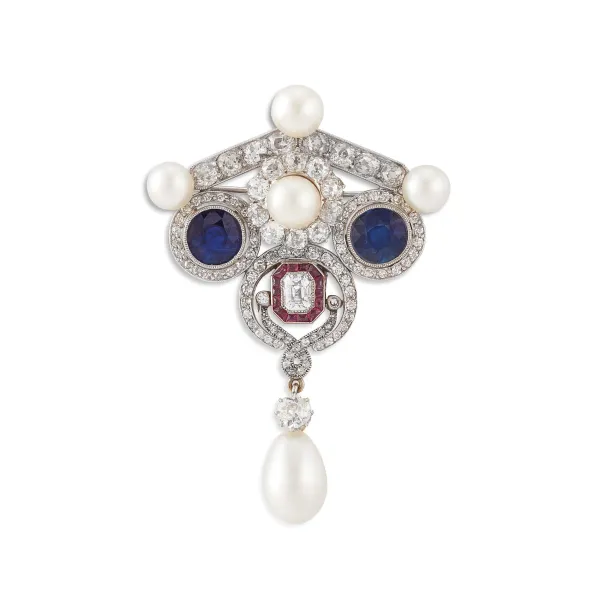 



NATURAL PEARL AND MULTI GEM BROOCH IN PLATINUM AND WHITE GOLD