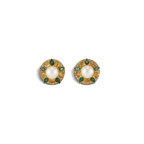 ANSUINI PEARL AND MULTI GEM EARRINGS IN 18KT YELLOW GOLD