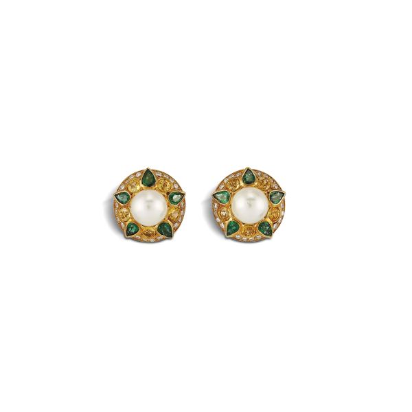 Ansuini roma - ANSUINI PEARL AND MULTI GEM EARRINGS IN 18KT YELLOW GOLD