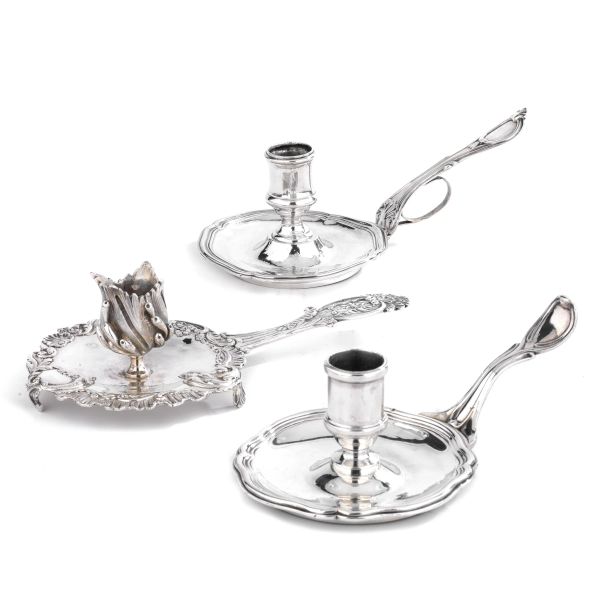 THREE SILVER CANDLE HOLDERS, FRANCIA, END OF 18TH CENTURY AND 19TH CENTURY