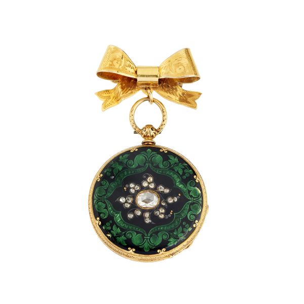 



REYNAUD ET CIE SMALL YELLOW GOLD POCKET WATCH WITH BOW-SHAPED BROOCH