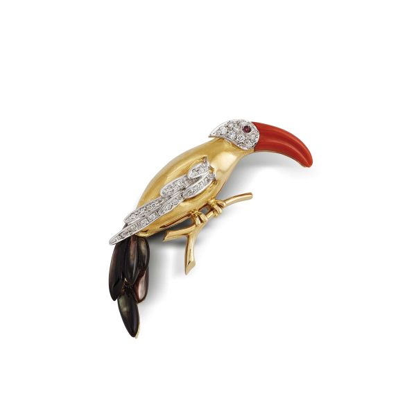 TOUCAN-SHAPED BROOCH IN 18KT TWO TONE GOLD