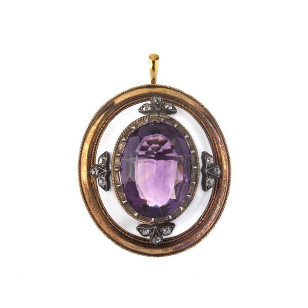 



AMETHYST AND DIAMOND PENDANT/BROOCH IN 18KT YELLOW GOLD AND SILVER 