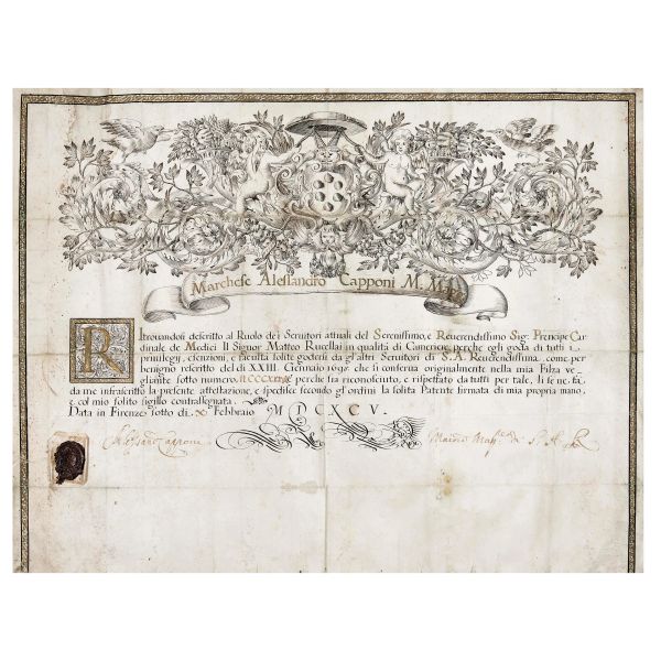 Capponi, Alessandro. Patente per Matteo Rucellai. Firenze, 1695.