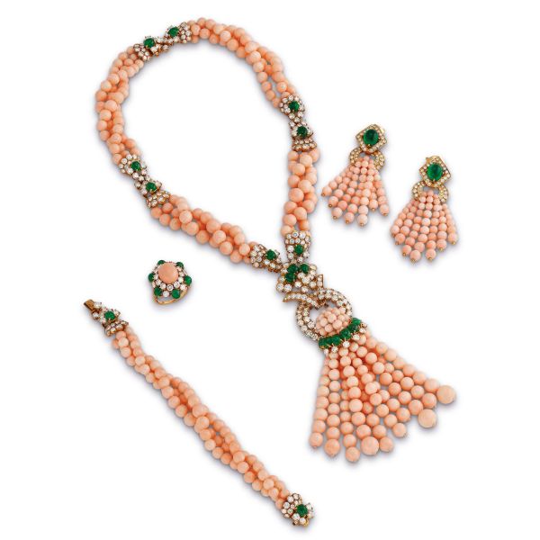 GERARD PARURE CON CORALLO ROSA SMERALDI E DIAMANTI