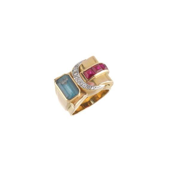 MULTI GEM BAND RING IN 18KT TWO TONE GOLD