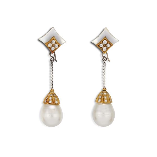 SOUTH SEA PEARL AND DIAMOND DROP EARRINGS IN 18KT TWO TONE GOLD