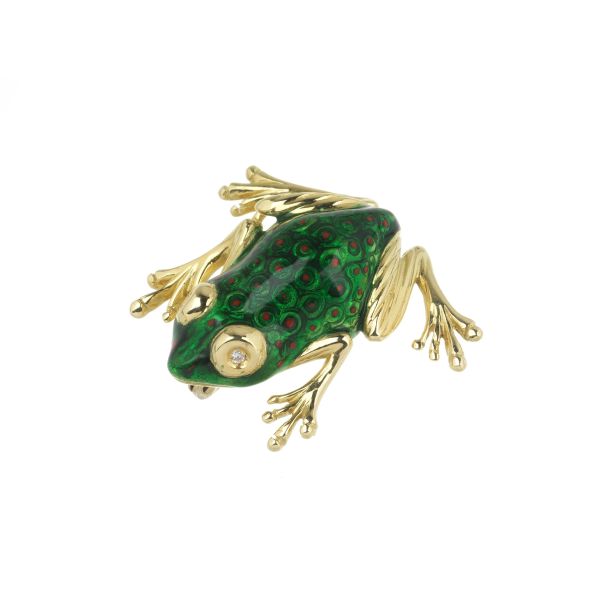FROG-SHAPED BROOCH IN ENAMELED 18KT YELLOW GOLD