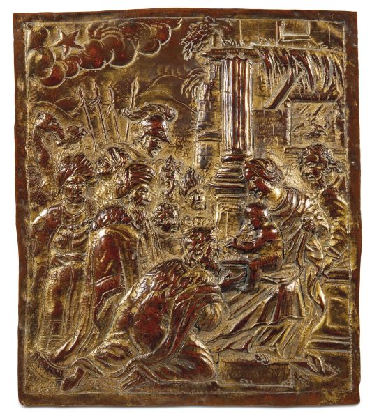 Northern Italian, late 16th century, The adoration of the Magi, gilt copper