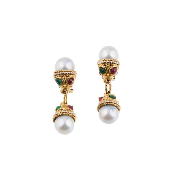 SOUTH SEA PEARL AND COLOURED STONE DROP EARRINGS IN 18KT TWO TONE GOLD