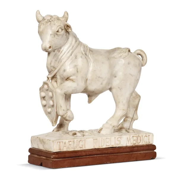 Tuscan school, 16th century, bull with Medici coat of arm, white marble