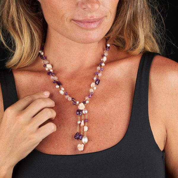 COLLANA CON PIETRE SEMIPREZIOSE PERLE E CORALLO ROSA