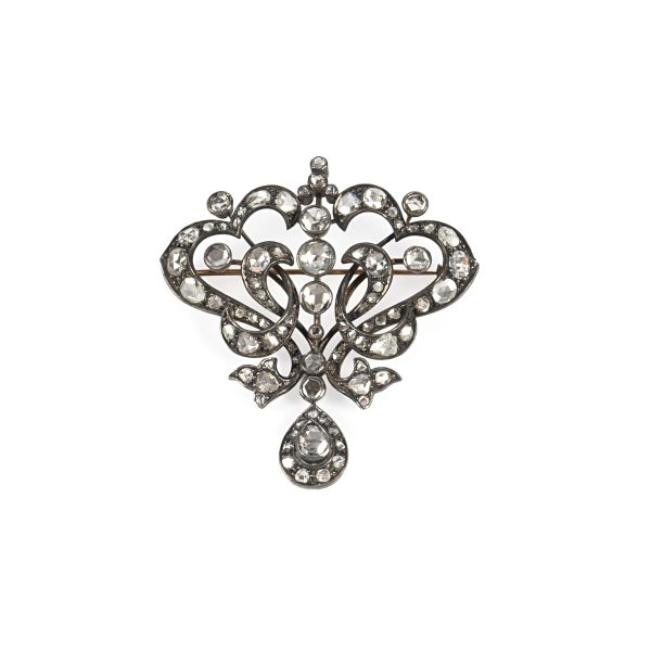 DIAMOND BROOCH IN SILVER AND 18KT YELLOW GOLD