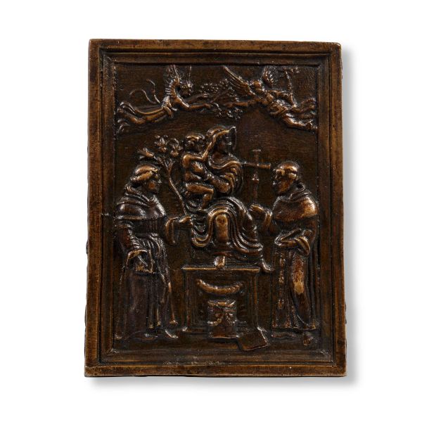 



Northern Italy, 17th century, Madonna enthroned between Saint Anthony and Saint Francis, bronze