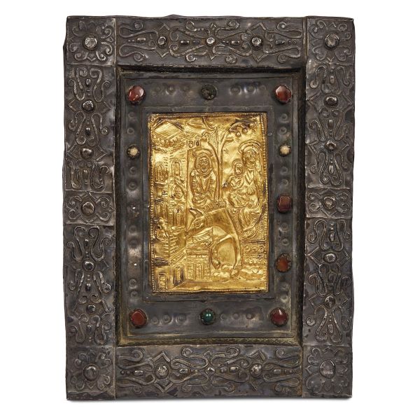 Lombard goldsmith's workshop, 9th-10th century, Escape in Egypt and Fall of the Idols, embossed and engraved gold foil, 12x8 cm, within an unrelated embossed and engraved silver foil frame with bezels, 24x18,5 cm