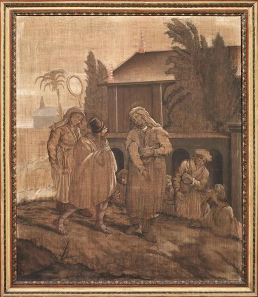  Coppia di succhi d'erba, sec. XVIII,  raffiguranti scene bibliche, entro cornici laccate, cm 122x101(2)                         