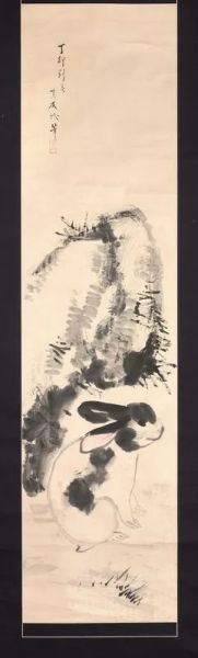 Kakemono Giappone sec. XX , acquerello su carta raffigurante coniglio, misure totali cm 186x61,5
