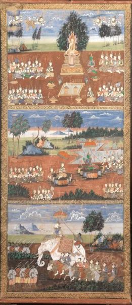  Dipinto, Tailandia sec. XIX-XX,  su stoffa, diviso in tre sezioni raffiguranti divinitÃ  e scene di vita di corte, cm 86x183  danni  