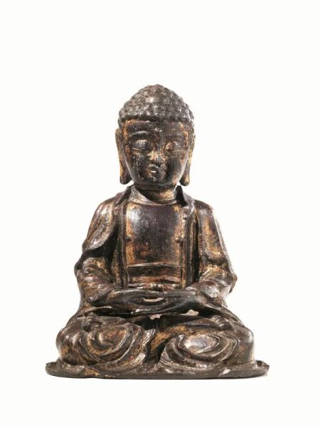 Buddha, Cina dinastia Ming, sec. XVII, in bronzo laccato, alt. cm 23