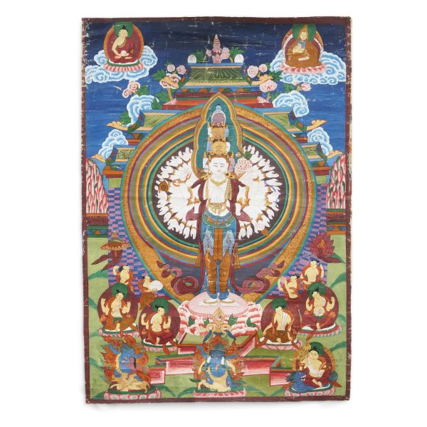 



A THANGKA DEPICTING SAHASRABHUJA AVALOKITESHVARA (THOUSAND-ARMED AVALOKITESHVARA), TIBET, 19TH CENTURY 