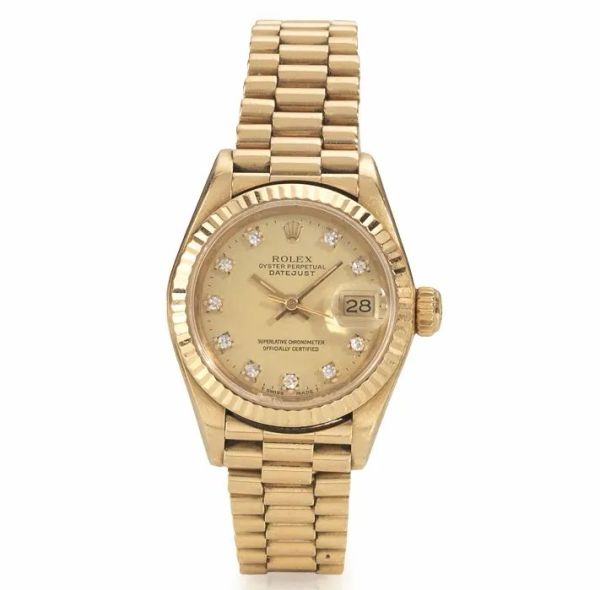 Orologio da polso Rolex Oyster Perpetual Date Just Lady, Ref. 69178, cassa n. 9'517'101, 1986 circa,&nbsp; in oro giallo 18 kt e diamanti