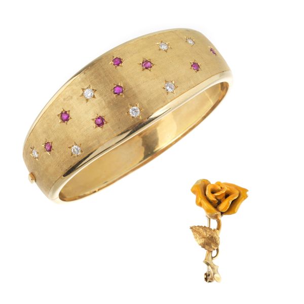 RUBY AND DIAMOND BANGLE WITH A ROSE BROOCH IN GOLD