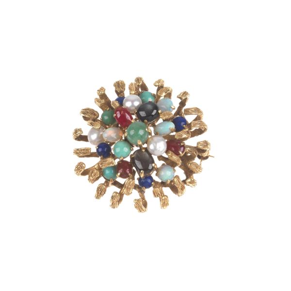 SEMIPRECIOUS STONE AND PEARL FLORAL BROOCH IN 14KT GOLD
