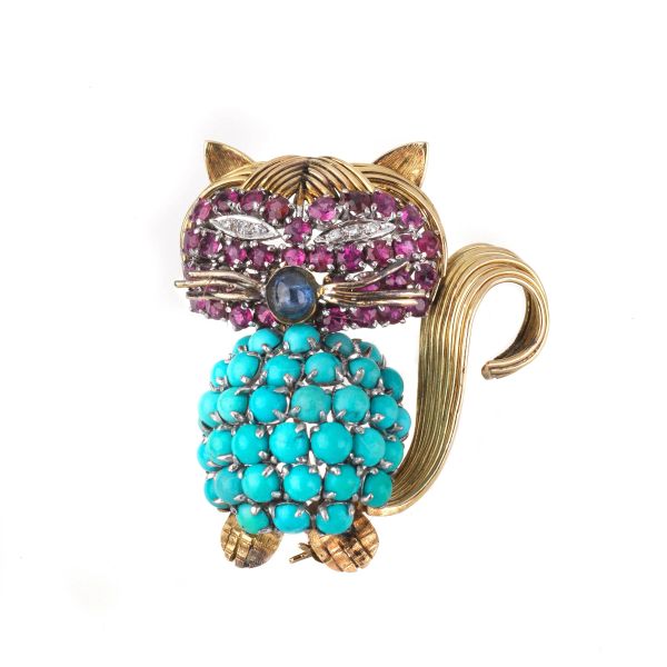 MULTI GEM CAT BROOCH IN 14KT GOLD AND SILVER