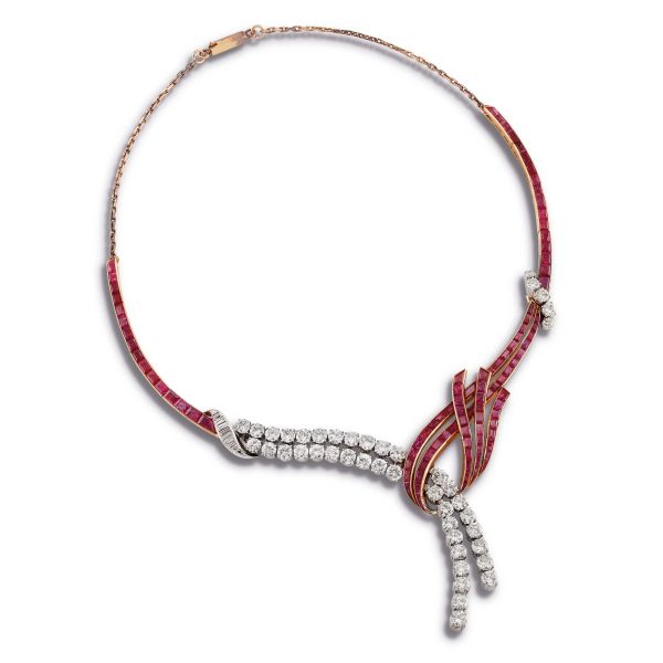 SYNTHETIC RUBY AND DIAMOND COLLIER IN LOW TITLE TWO TONE GOLD