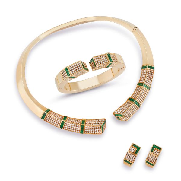 



EMERALD AND DIAMOND RIGID PARURE IN 18KT YELLOW GOLD